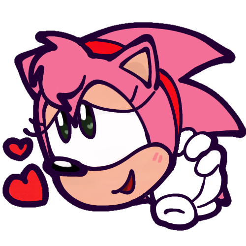 A drawing of the head of Amy Rose, from the Sonic the Hedgehog franchise, adoringly looking up at something, blushing slightly. Her hands (drawn floating) are clasped together and pressed against her face. She smiles with her mouth slightly open, and her eyelids droop slightly. Two red hearts float in front of her, and her eyes have small heart-shaped shines in them. Amy Rose, sporting her “classic” design, is an anthropomorphic hedgehog with pink quills and peach-tan fur around her muzzle and on her inner ears. Her silhouette makes her appear to have three distinct spines coming off of the back of her head, which are held back by a red headband. Her eyes resemble those of classic cartoon characters, lacking distinct irises, and are very large, with the scleras conjoined at the center of her face. She has a small tuft of fluffy bangs on the center of her forehead, and she wears white gloves on her hands.